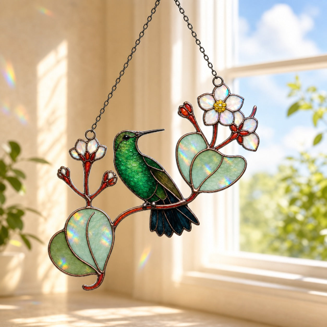 Hummingbird & White Blossom Branch Holographic Acrylic Suncatcher