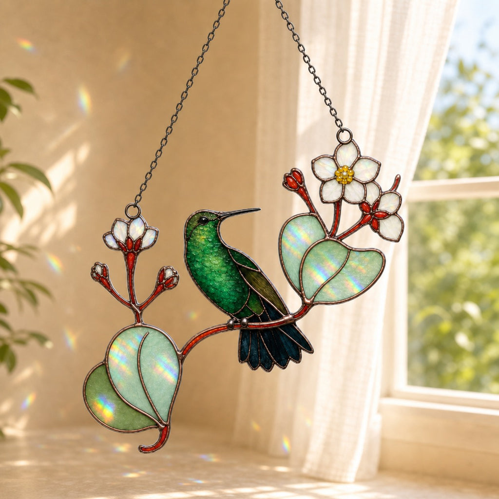 Hummingbird & White Blossom Branch Holographic Acrylic Suncatcher
