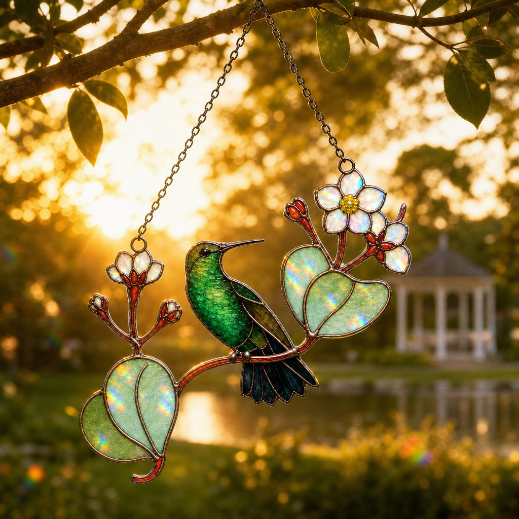 Hummingbird & White Blossom Branch Holographic Acrylic Suncatcher