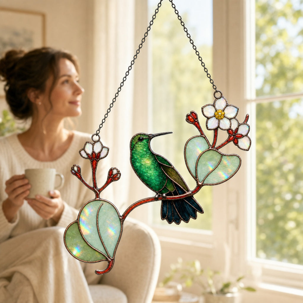 Hummingbird & White Blossom Branch Holographic Acrylic Suncatcher