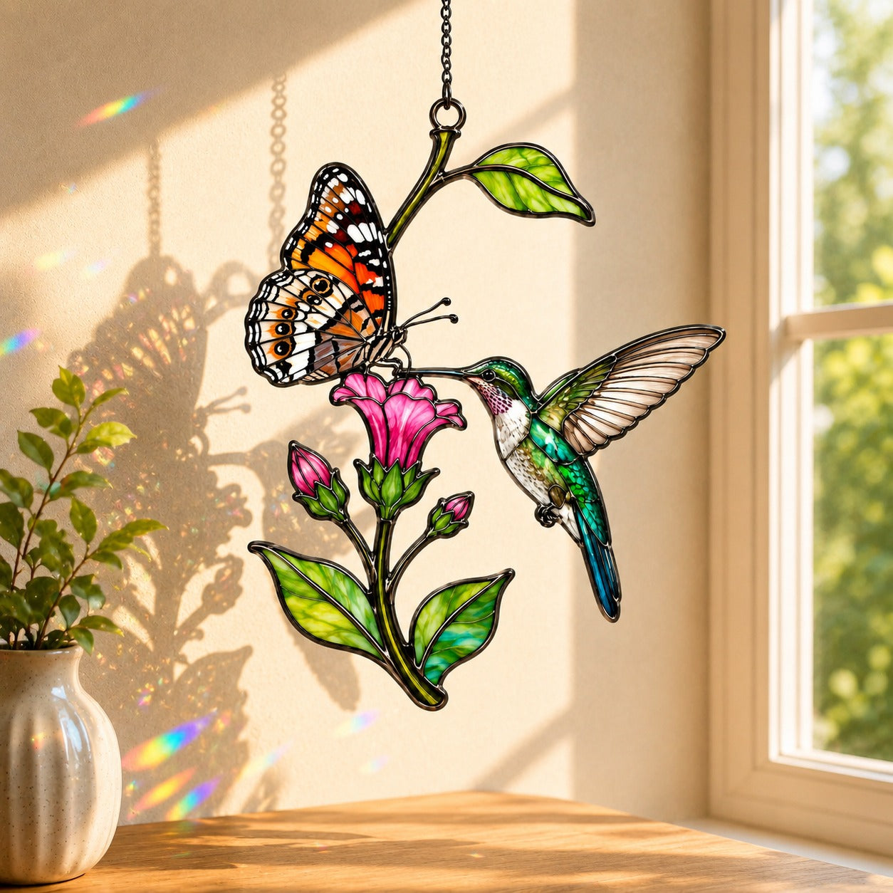 Stained glass style suncatcher with a hummingbird, a painted lady butterfly and a pink trumpet flower, hanging in a sunlit window with rainbow light
