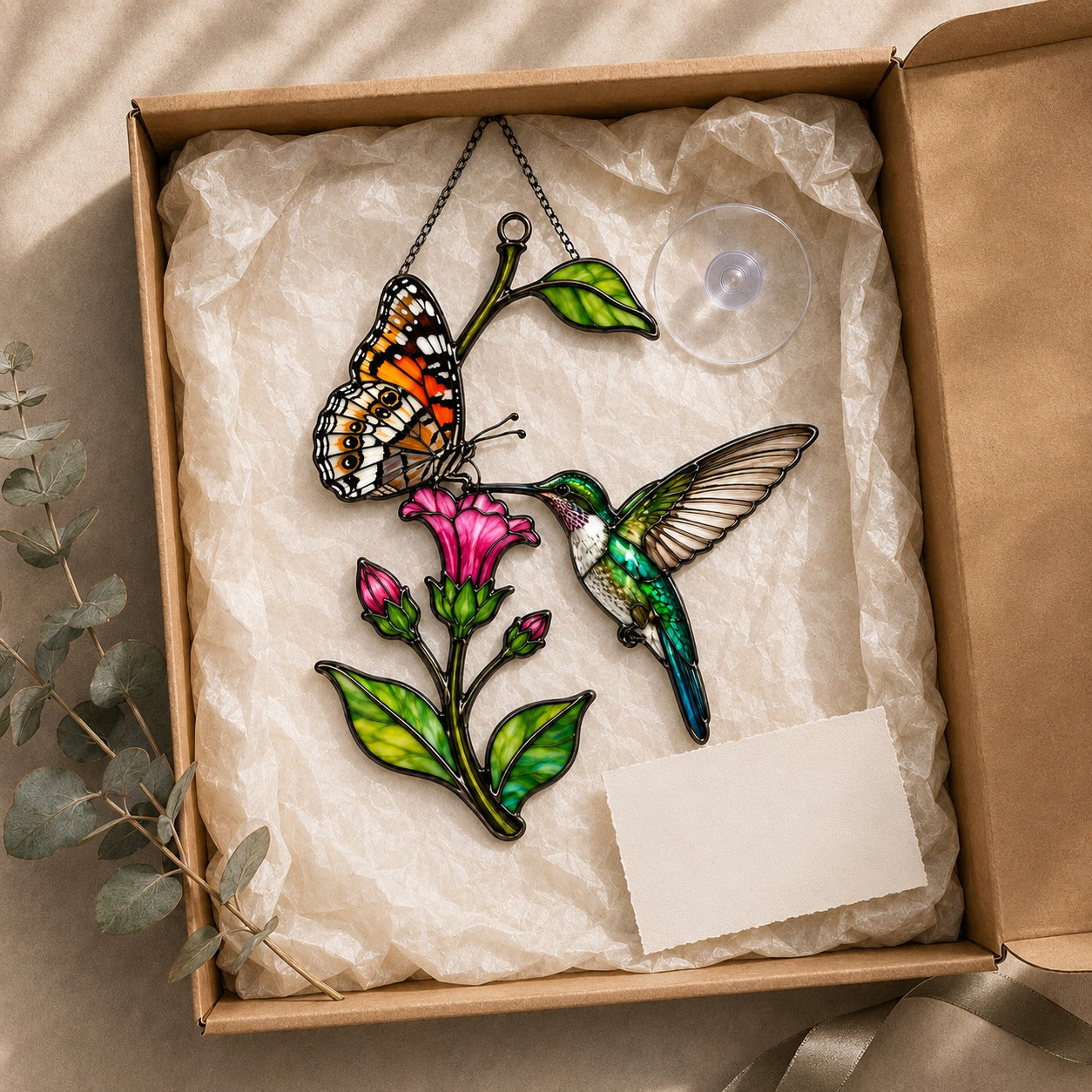 Hummingbird, Butterfly & Pink Trumpet Flower Holographic Acrylic Suncatcher