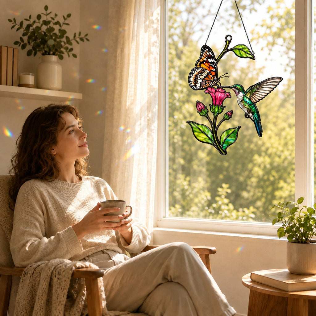 Hummingbird, Butterfly & Pink Trumpet Flower Holographic Acrylic Suncatcher