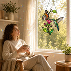 Hummingbird, Butterfly & Pink Trumpet Flower Holographic Acrylic Suncatcher
