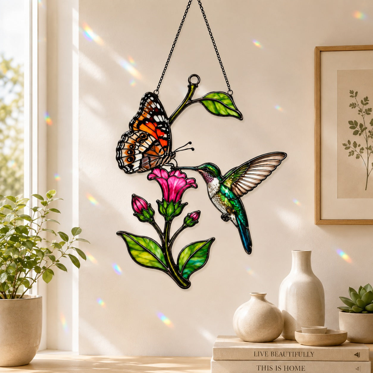 Hummingbird, Butterfly & Pink Trumpet Flower Holographic Acrylic Suncatcher