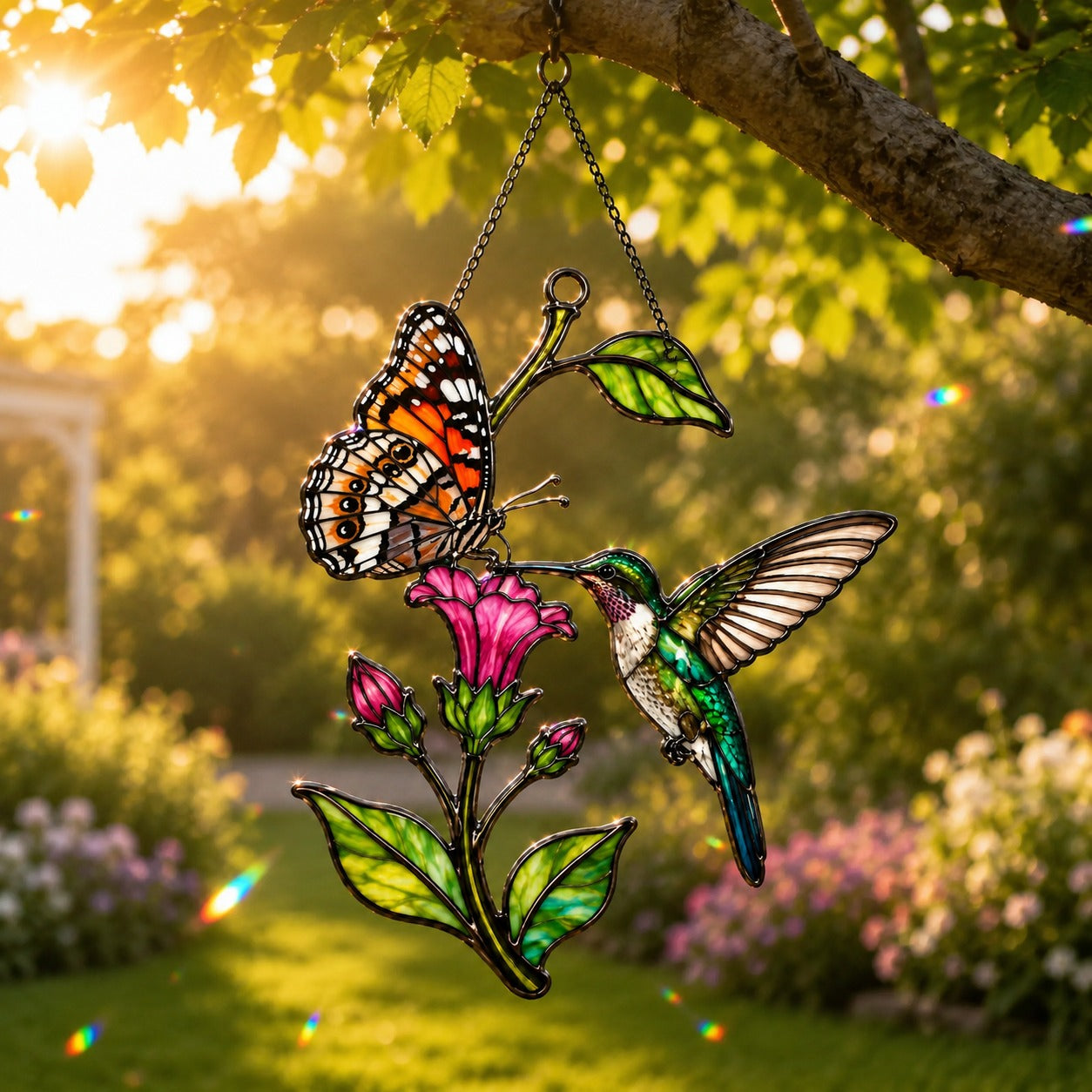 Hummingbird, Butterfly & Pink Trumpet Flower Holographic Acrylic Suncatcher