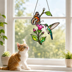 Hummingbird, Butterfly & Pink Trumpet Flower Holographic Acrylic Suncatcher
