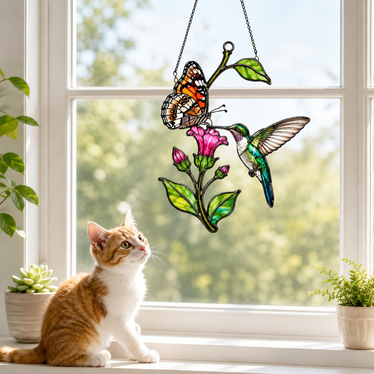 Hummingbird, Butterfly & Pink Trumpet Flower Holographic Acrylic Suncatcher