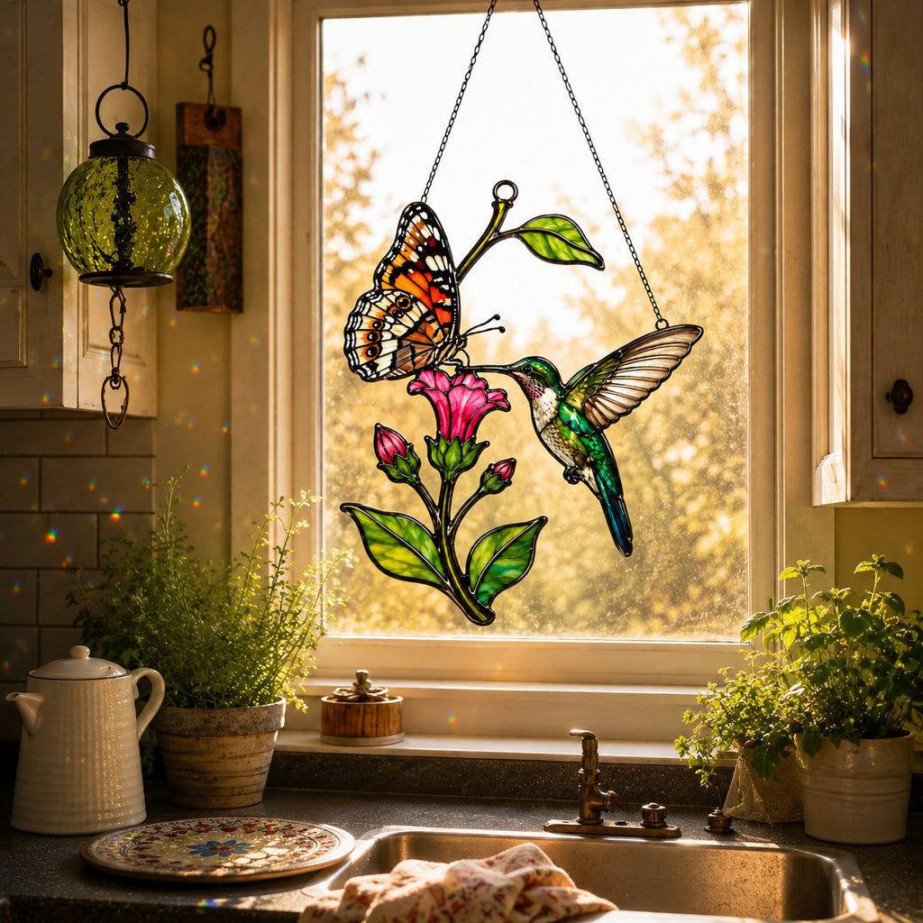 Hummingbird, Butterfly & Pink Trumpet Flower Holographic Acrylic Suncatcher