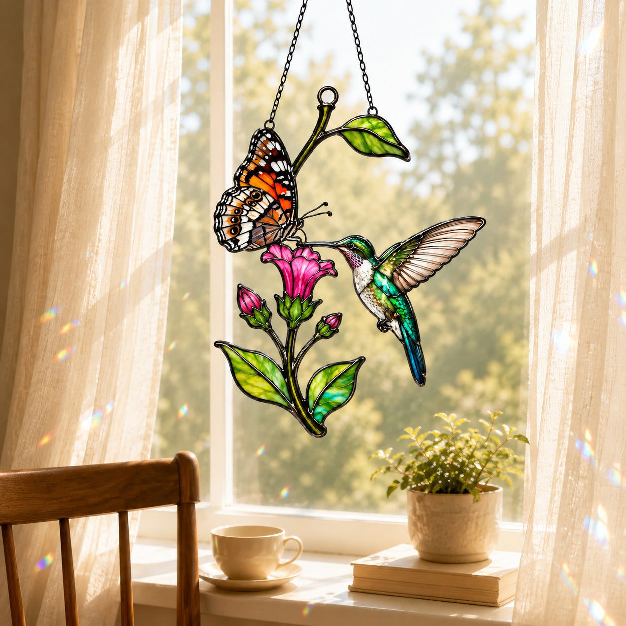 Hummingbird, Butterfly & Pink Trumpet Flower Holographic Acrylic Suncatcher