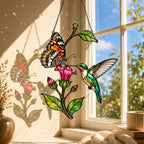 Hummingbird, Butterfly & Pink Trumpet Flower Holographic Acrylic Suncatcher