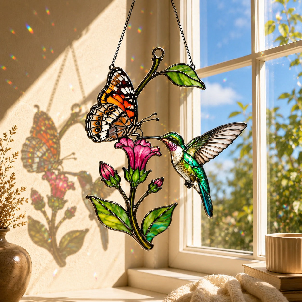 Hummingbird, Butterfly & Pink Trumpet Flower Holographic Acrylic Suncatcher