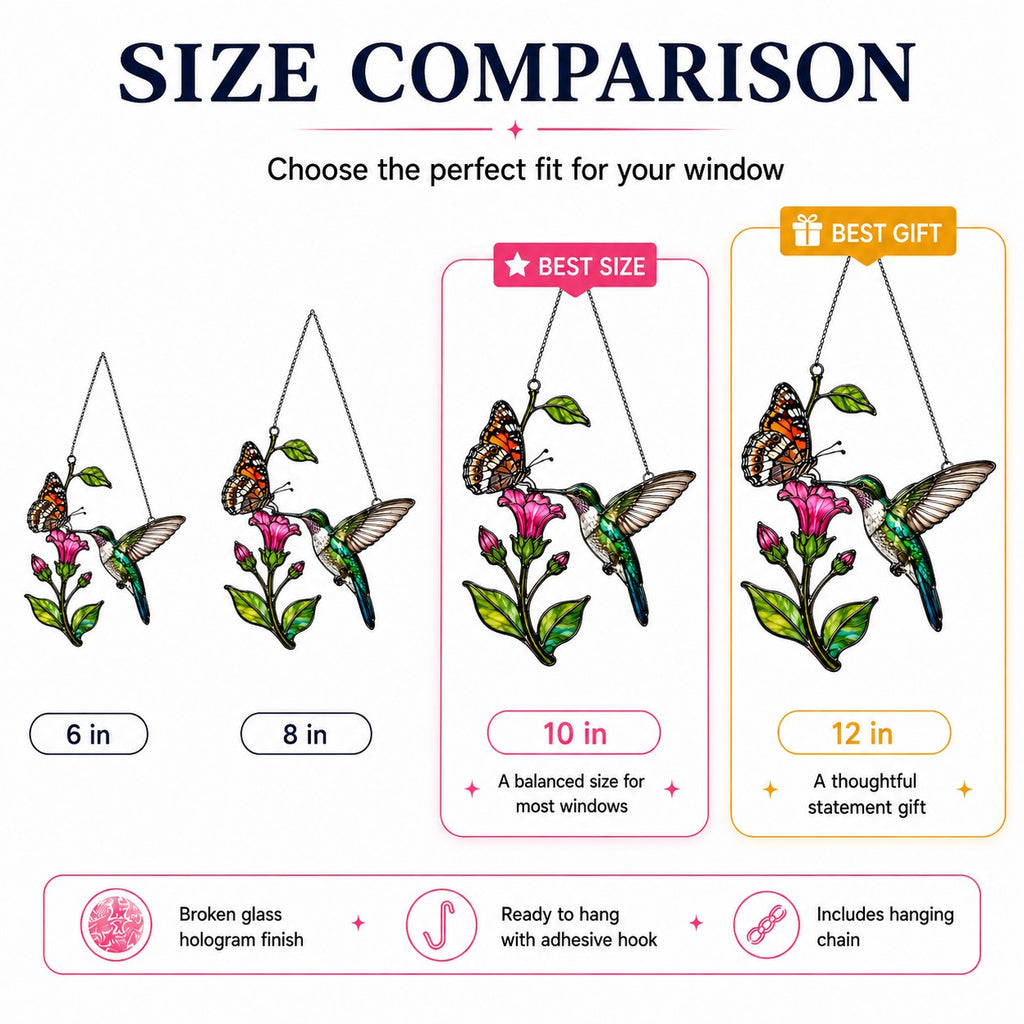 Hummingbird, Butterfly & Pink Trumpet Flower Holographic Acrylic Suncatcher