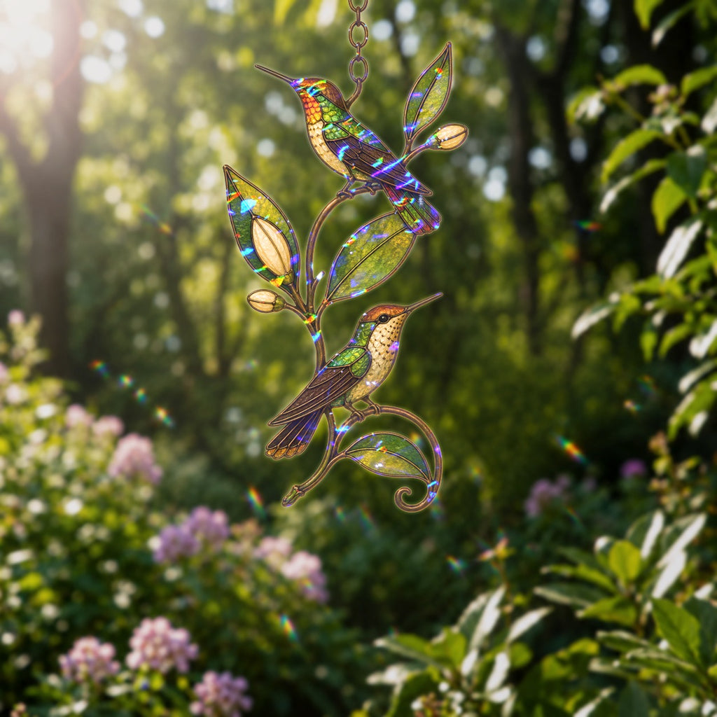 Stained glass style suncatcher with two hummingbirds on a leafy vine, hanging in a sunlit window with rainbow light