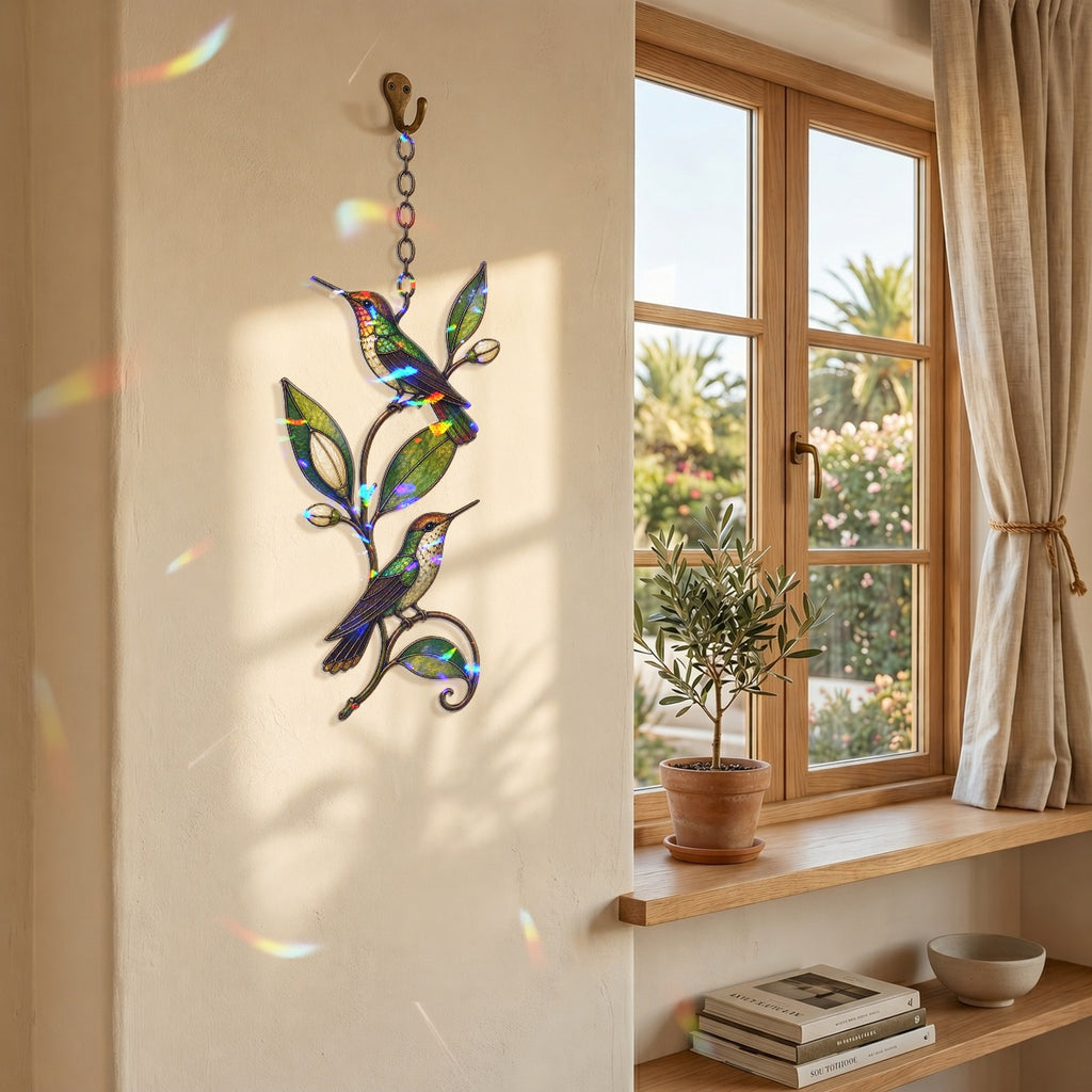 Hummingbird Pair & Leafy Vine Holographic Acrylic Suncatcher