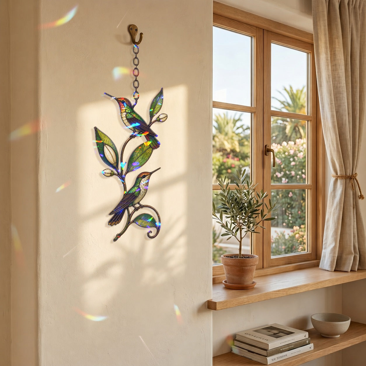 Hummingbird Pair & Leafy Vine Holographic Acrylic Suncatcher