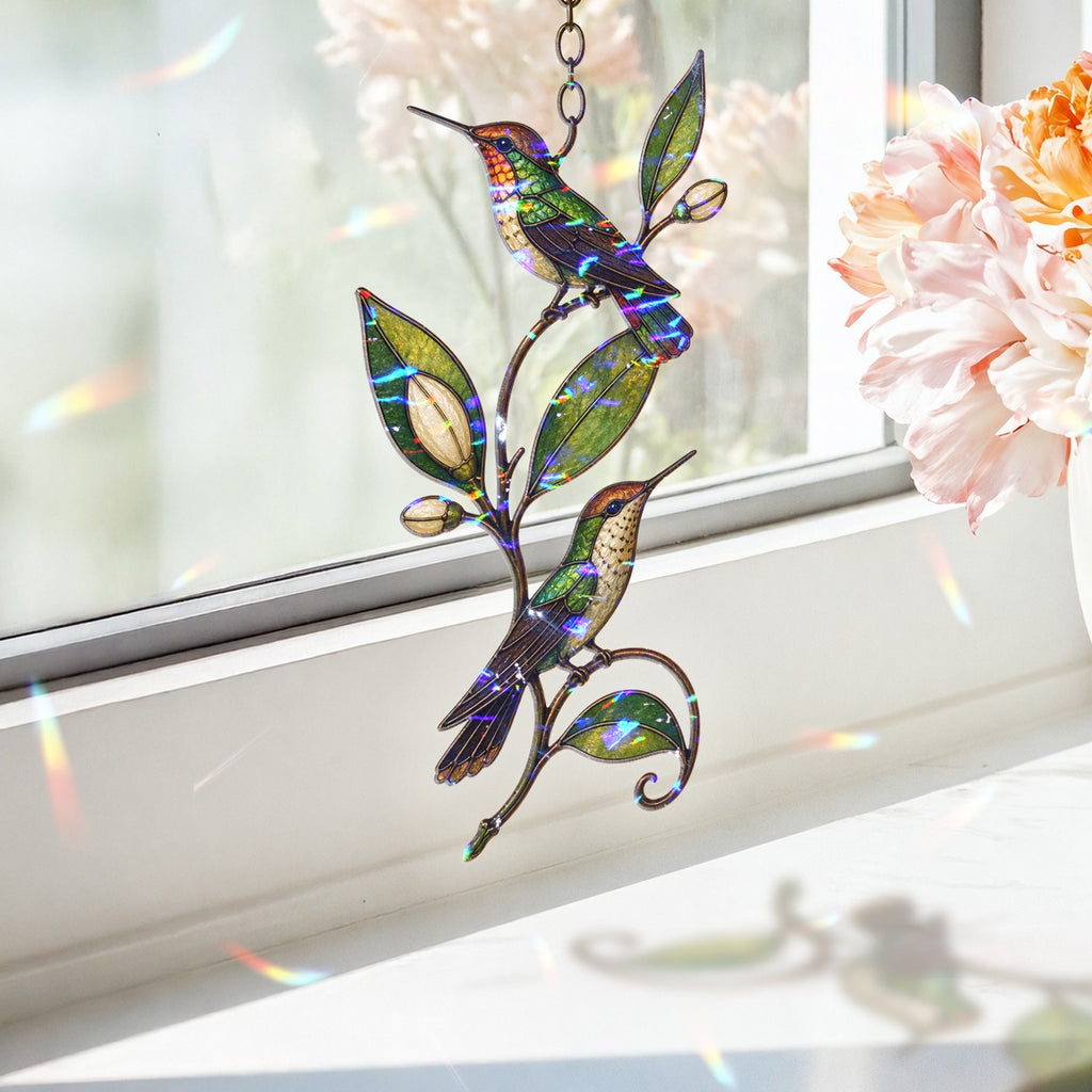 Hummingbird Pair & Leafy Vine Holographic Acrylic Suncatcher