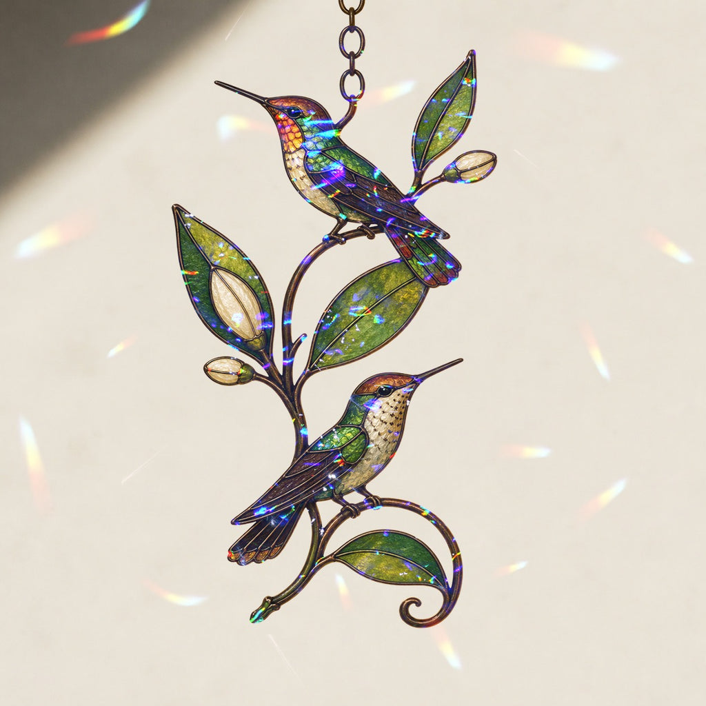 Hummingbird Pair & Leafy Vine Holographic Acrylic Suncatcher