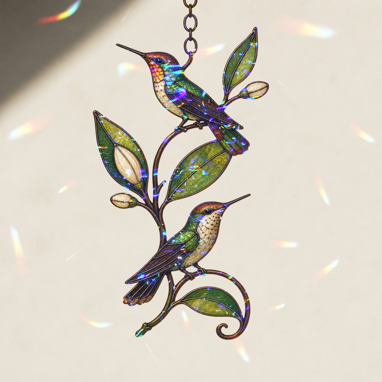 Hummingbird Pair & Leafy Vine Holographic Acrylic Suncatcher
