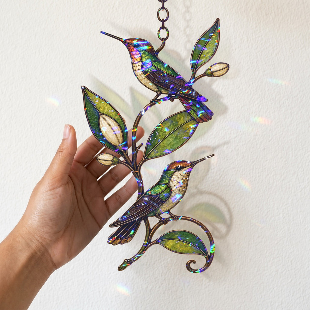 Hummingbird Pair & Leafy Vine Holographic Acrylic Suncatcher