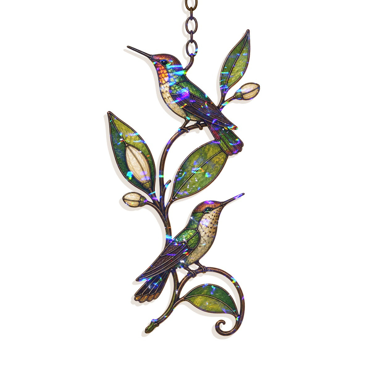 Hummingbird Pair & Leafy Vine Holographic Acrylic Suncatcher