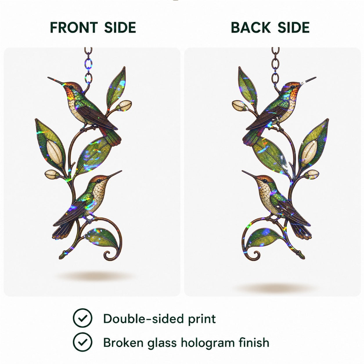 Hummingbird Pair & Leafy Vine Holographic Acrylic Suncatcher