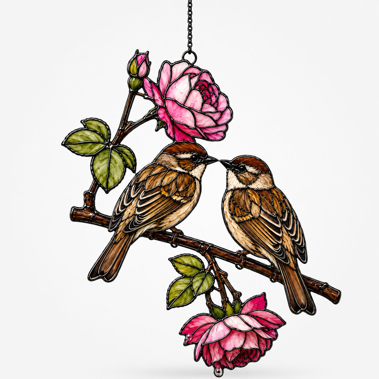 Sparrow Pair & Pink Rose Branch Holographic Acrylic Suncatcher