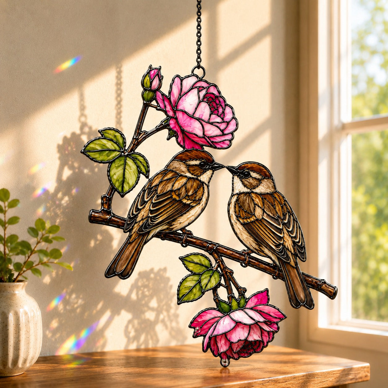 Sparrow Pair & Pink Rose Branch Holographic Acrylic Suncatcher