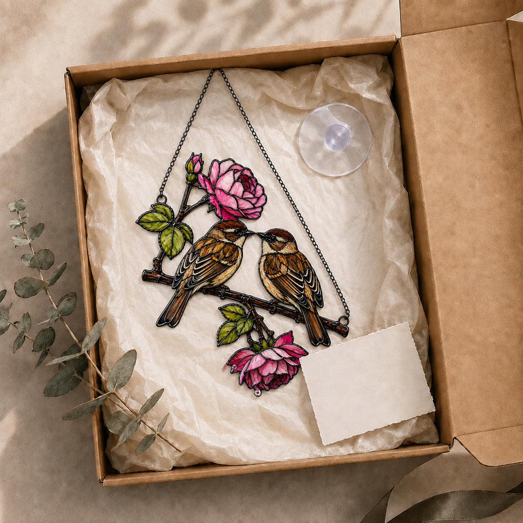 Sparrow Pair & Pink Rose Branch Holographic Acrylic Suncatcher