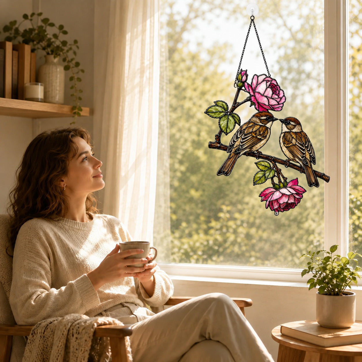 Sparrow Pair & Pink Rose Branch Holographic Acrylic Suncatcher