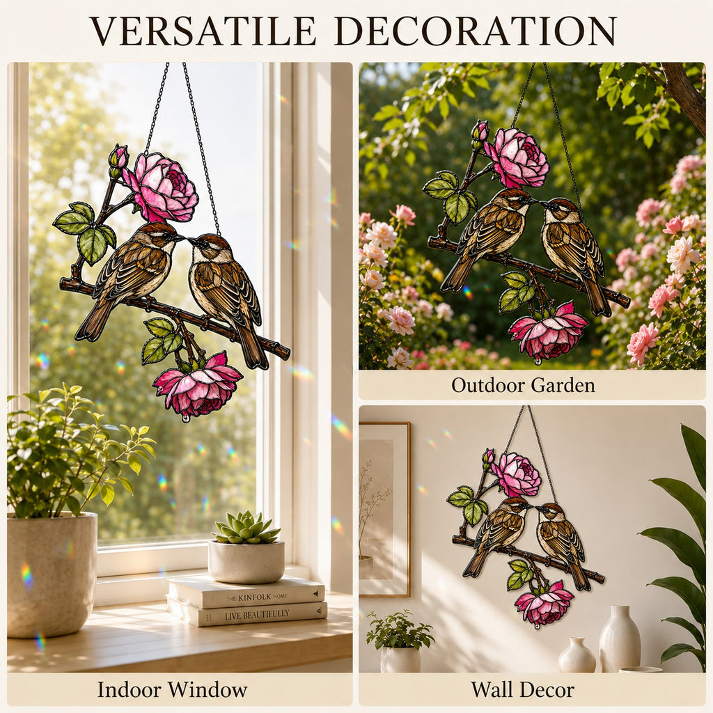 Sparrow Pair & Pink Rose Branch Holographic Acrylic Suncatcher