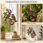 Sparrow Pair & Pink Rose Branch Holographic Acrylic Suncatcher