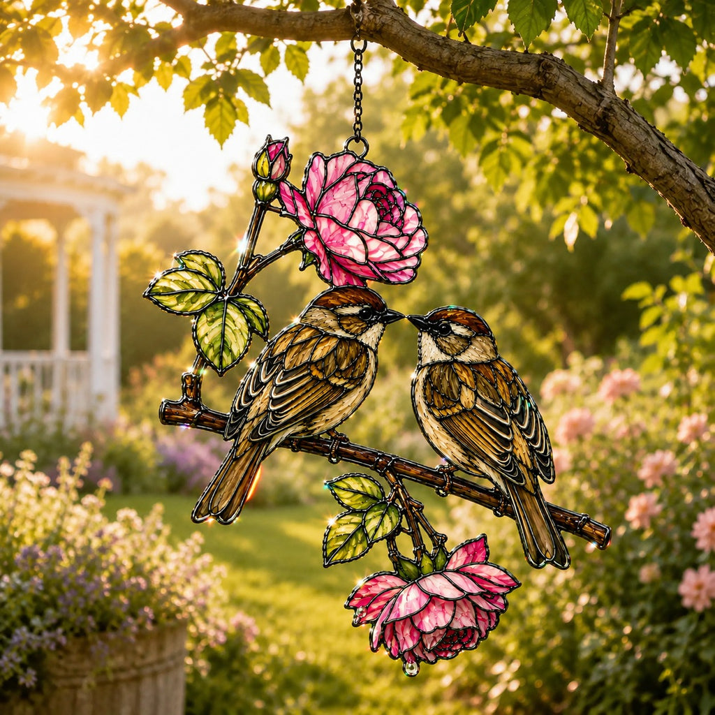 Sparrow Pair & Pink Rose Branch Holographic Acrylic Suncatcher