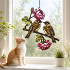 Sparrow Pair & Pink Rose Branch Holographic Acrylic Suncatcher