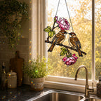 Sparrow Pair & Pink Rose Branch Holographic Acrylic Suncatcher
