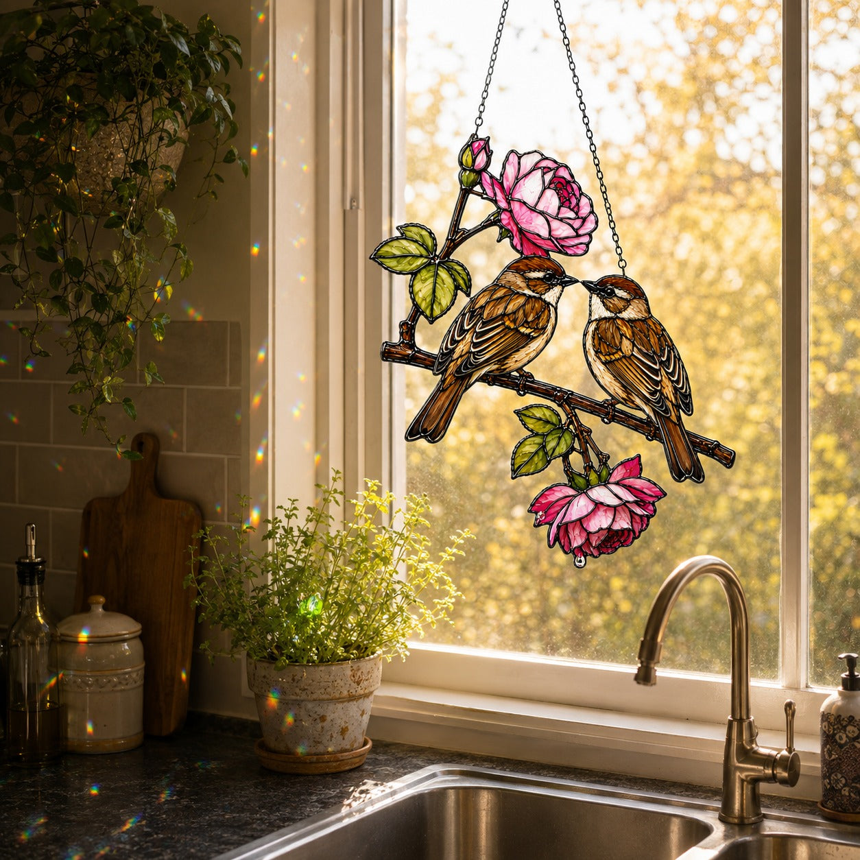 Sparrow Pair & Pink Rose Branch Holographic Acrylic Suncatcher