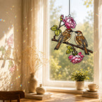 Sparrow Pair & Pink Rose Branch Holographic Acrylic Suncatcher