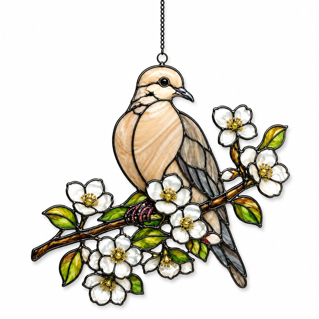 Stained glass style suncatcher with a mourning dove on a branch of white blossoms, hanging in a sunlit window with rainbow light