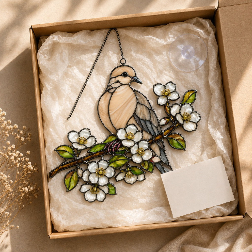 Mourning Dove & White Blossom Branch Holographic Acrylic Suncatcher