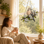 Mourning Dove & White Blossom Branch Holographic Acrylic Suncatcher