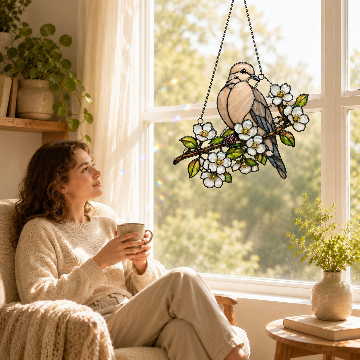 Mourning Dove & White Blossom Branch Holographic Acrylic Suncatcher