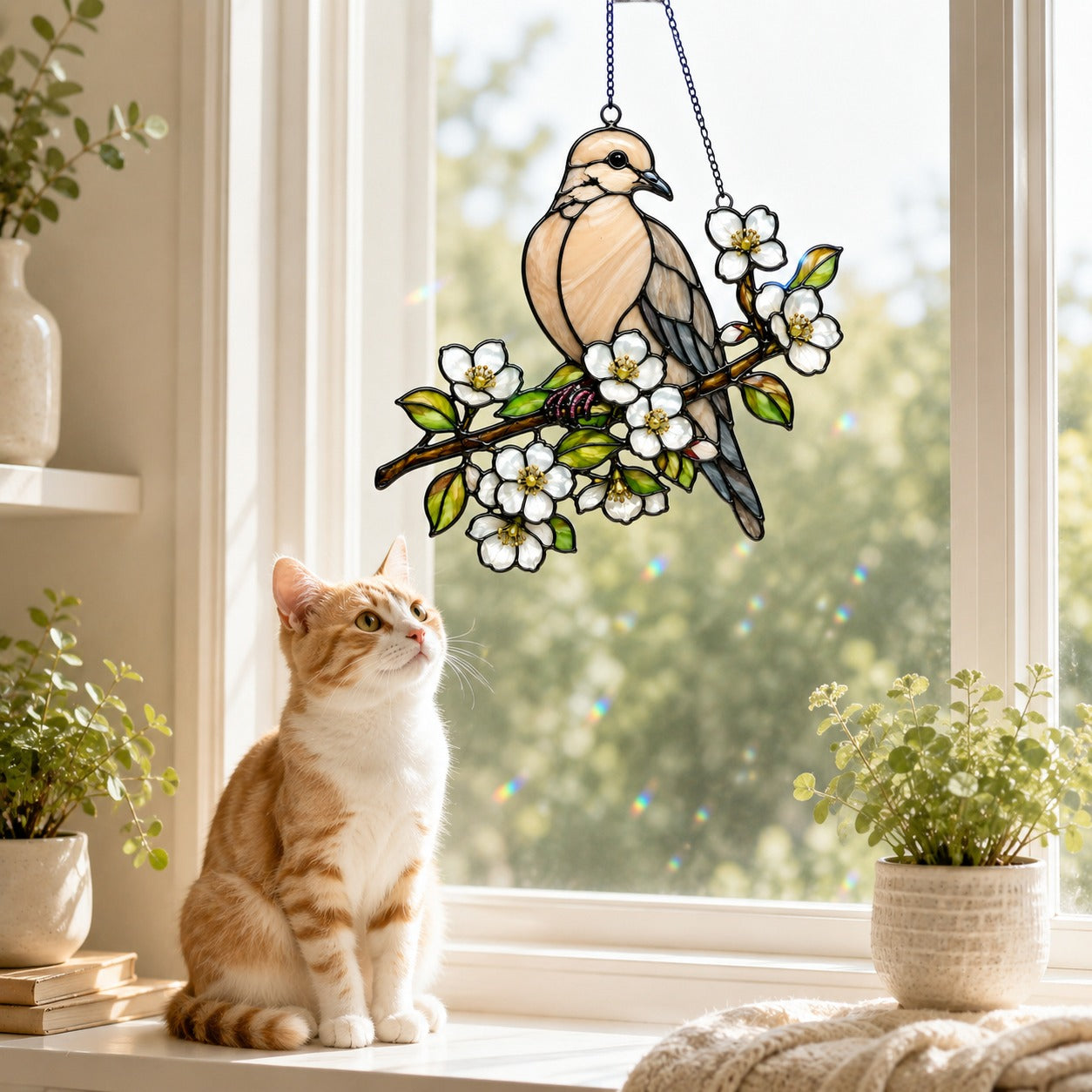 Mourning Dove & White Blossom Branch Holographic Acrylic Suncatcher