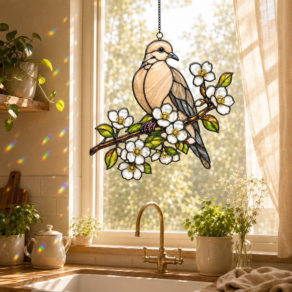 Mourning Dove & White Blossom Branch Holographic Acrylic Suncatcher