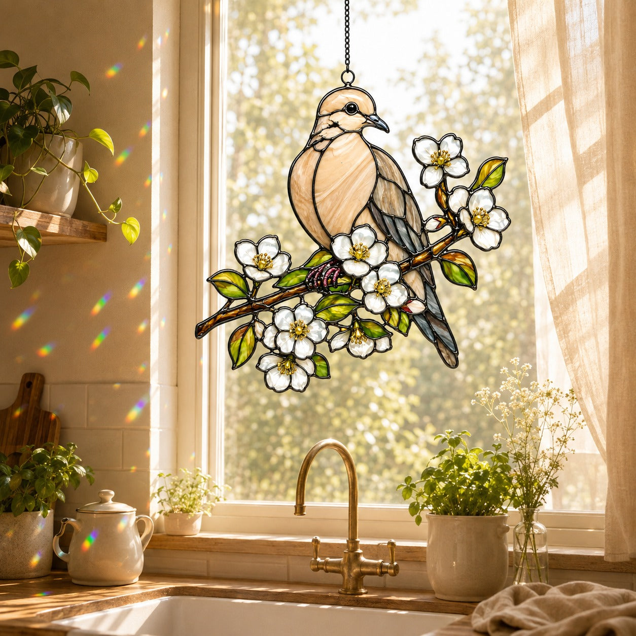 Mourning Dove & White Blossom Branch Holographic Acrylic Suncatcher