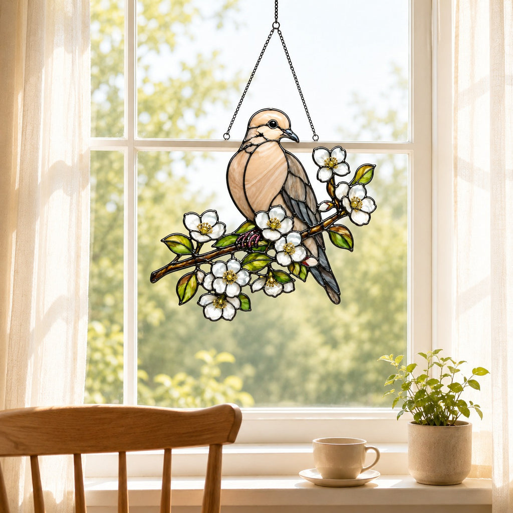 Mourning Dove & White Blossom Branch Holographic Acrylic Suncatcher