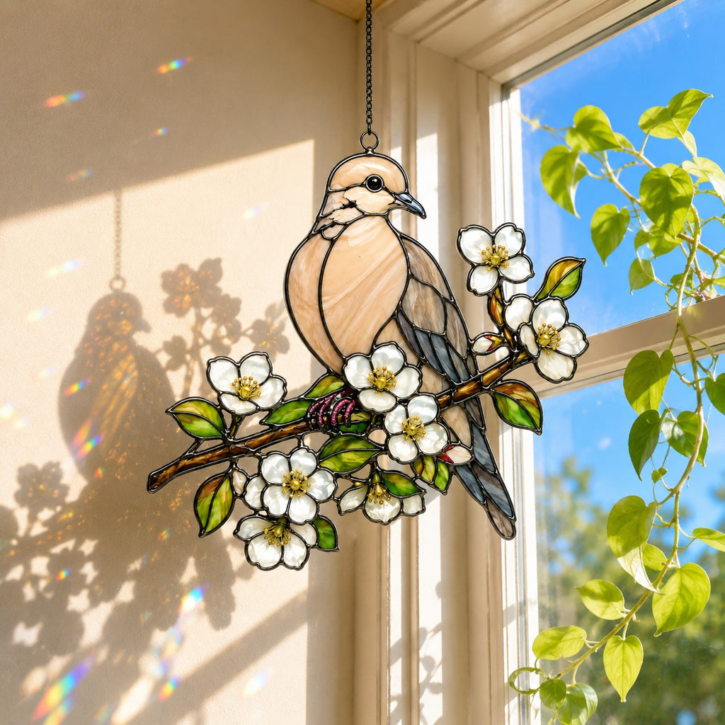 Mourning Dove & White Blossom Branch Holographic Acrylic Suncatcher