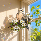 Mourning Dove & White Blossom Branch Holographic Acrylic Suncatcher