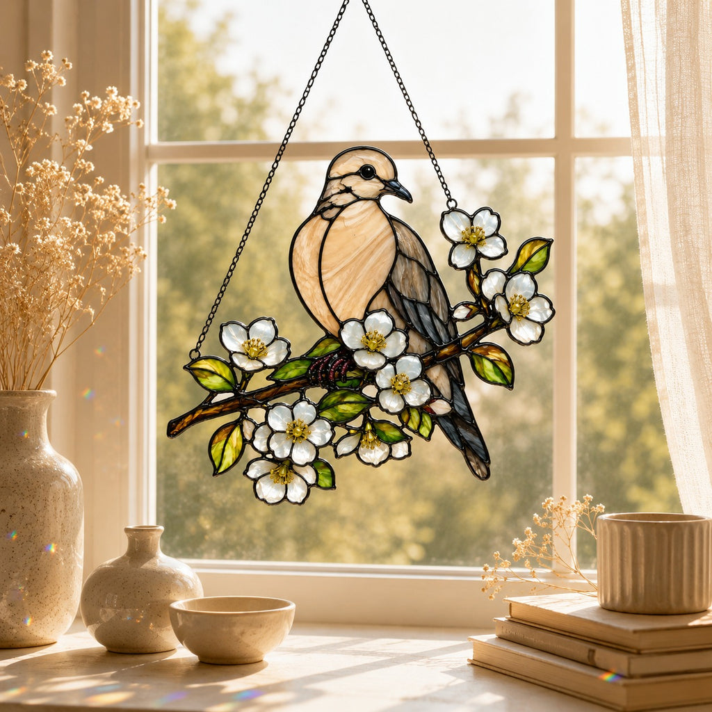 Mourning Dove & White Blossom Branch Holographic Acrylic Suncatcher