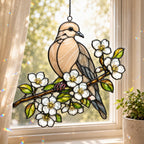 Mourning Dove & White Blossom Branch Holographic Acrylic Suncatcher