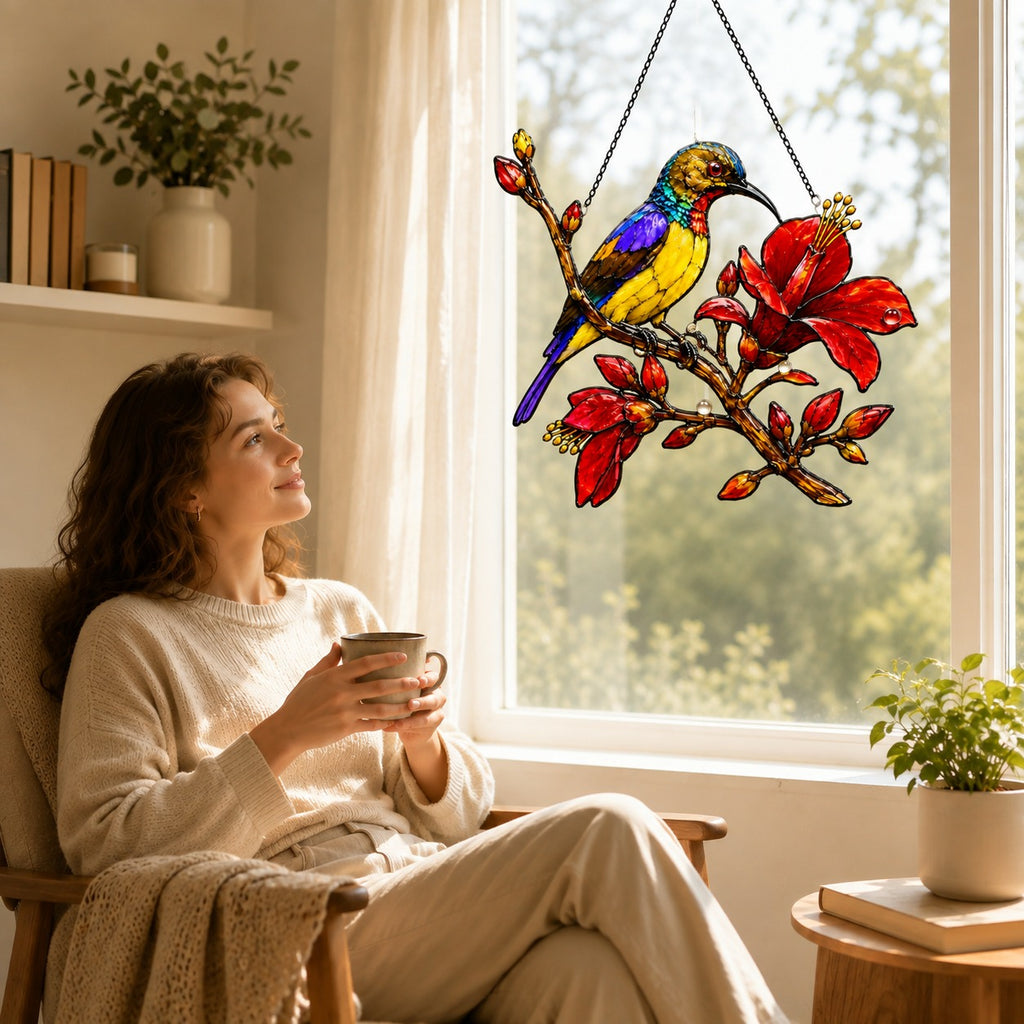 Sunbird & Red Hibiscus Branch Holographic Acrylic Suncatcher